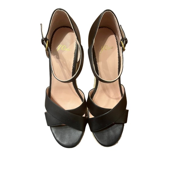 J. Crew Black Leather Open Toe Wedge Espadrilles 9 - Picture 2 of 9